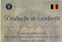 Băcița Mărioara Băbu de la Stâna Ștefanu primește Distincția de Excelență pentru Tezaur Uman Viu din partea Ministerului Culturii Distincția de Excelență pentru Tezaur Uman Viu