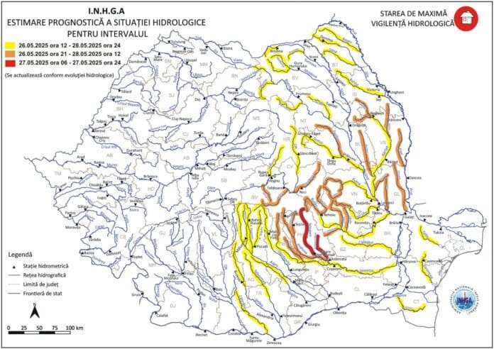 HARTA Stare de alertă pe râurile din România: Cod Roșu Hidrologic și inundații locale în mai multe județe